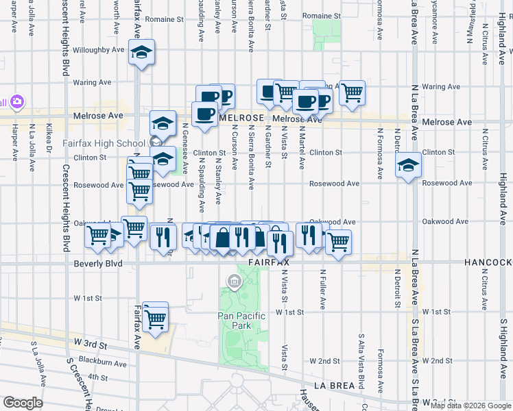 map of restaurants, bars, coffee shops, grocery stores, and more near 428 North Sierra Bonita Avenue in Los Angeles