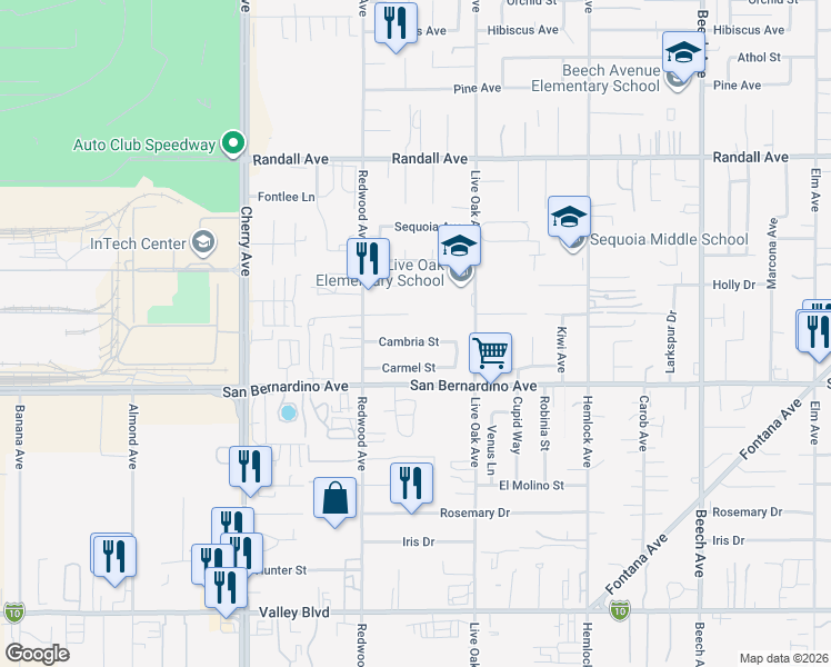 map of restaurants, bars, coffee shops, grocery stores, and more near 14810 Cambria Street in Fontana