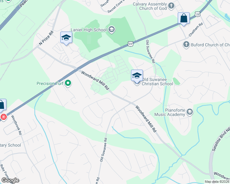 map of restaurants, bars, coffee shops, grocery stores, and more near 4185 Woodward Mill Road in Buford
