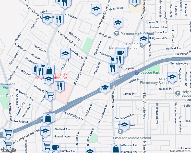 map of restaurants, bars, coffee shops, grocery stores, and more near 1924 Royalty Drive in Pomona