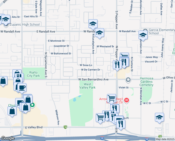 map of restaurants, bars, coffee shops, grocery stores, and more near 1086 Bautista Lane in Colton