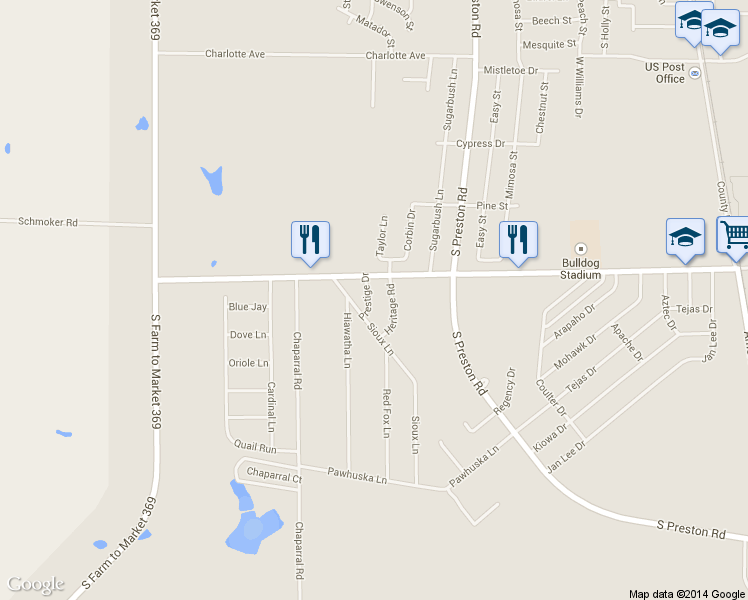 map of restaurants, bars, coffee shops, grocery stores, and more near 1107 Prestige Drive in Burkburnett