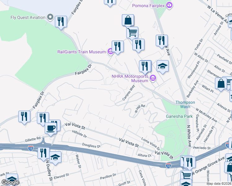 map of restaurants, bars, coffee shops, grocery stores, and more near 1276 Hillcrest Drive in Pomona