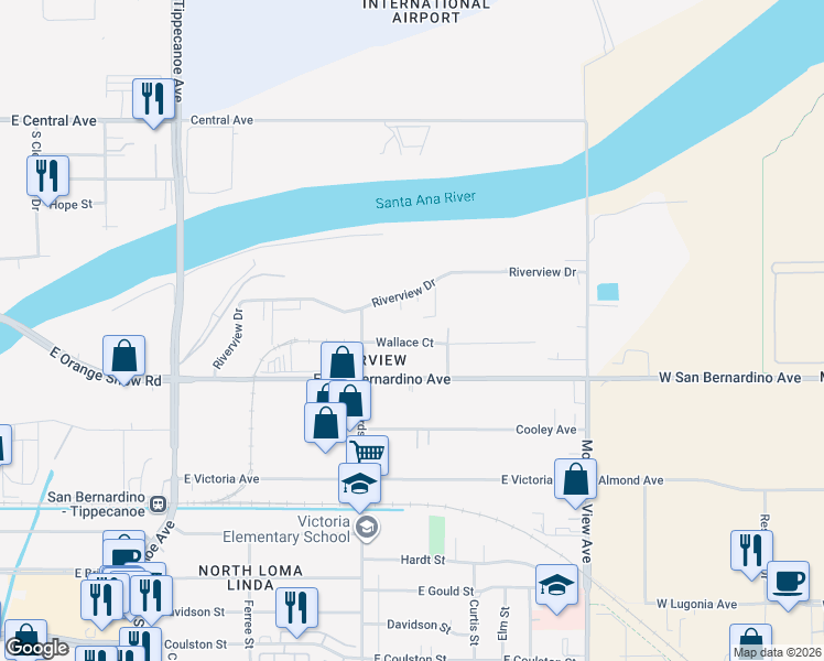 map of restaurants, bars, coffee shops, grocery stores, and more near 1717 Wallace Court in San Bernardino