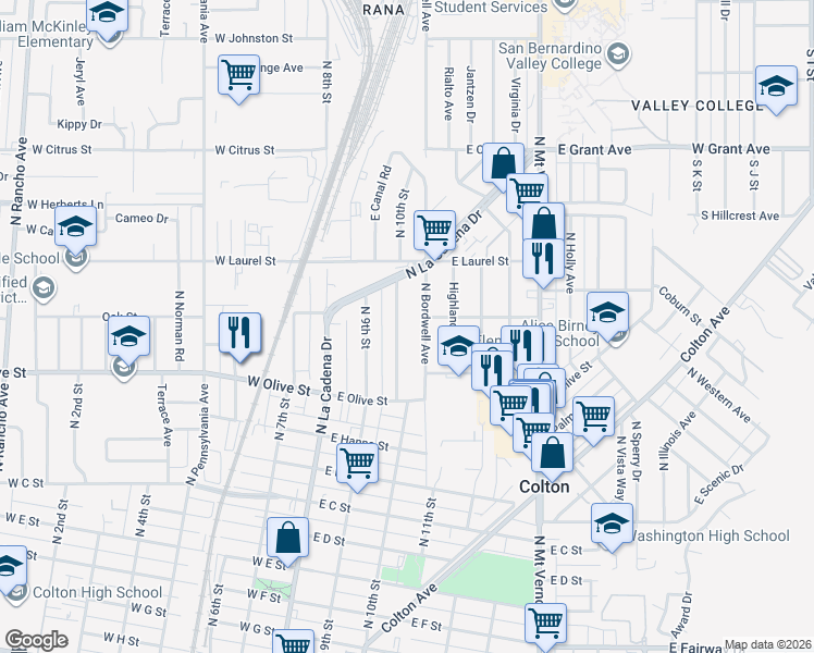 map of restaurants, bars, coffee shops, grocery stores, and more near 1252 North 10th Street in Colton