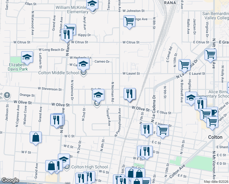 map of restaurants, bars, coffee shops, grocery stores, and more near 1141 North Norman Road in Colton