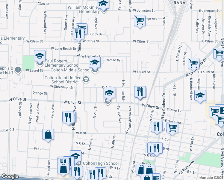 map of restaurants, bars, coffee shops, grocery stores, and more near 1184 North Serrano Drive in Colton