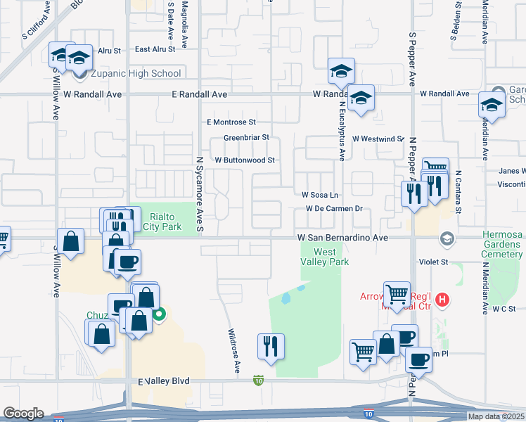 map of restaurants, bars, coffee shops, grocery stores, and more near 1993 West Sago Palm Road in Colton
