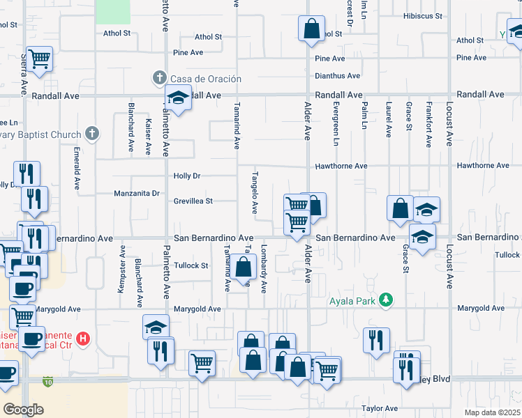 map of restaurants, bars, coffee shops, grocery stores, and more near 17541 Deodar Avenue in Fontana