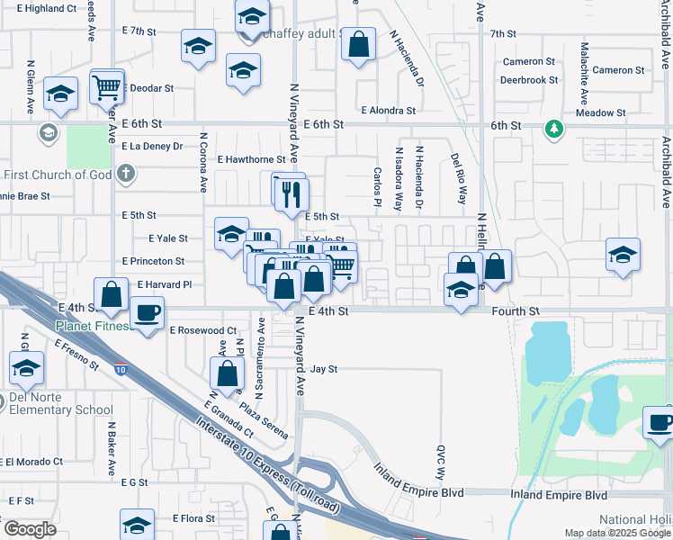 map of restaurants, bars, coffee shops, grocery stores, and more near 1955 East 4th Street in Ontario
