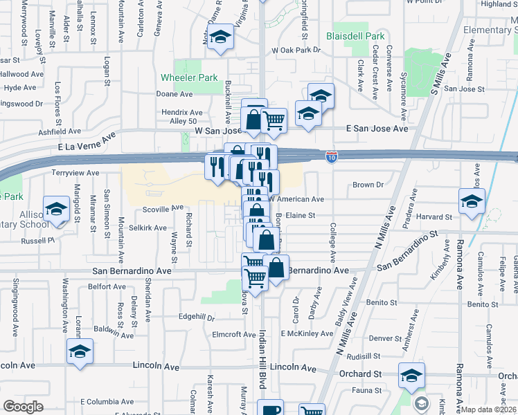 map of restaurants, bars, coffee shops, grocery stores, and more near 1849 Cordova Street in Pomona