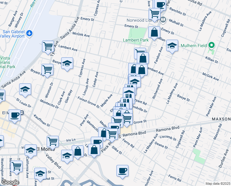 map of restaurants, bars, coffee shops, grocery stores, and more near 4018 Maple Avenue in El Monte