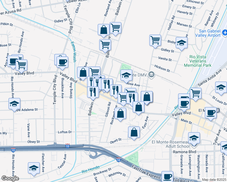 map of restaurants, bars, coffee shops, grocery stores, and more near in El Monte