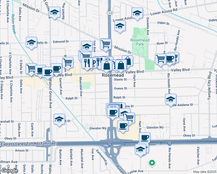 map of restaurants, bars, coffee shops, grocery stores, and more near 8938 Guess Street in Rosemead