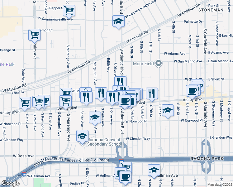 map of restaurants, bars, coffee shops, grocery stores, and more near 1218 Edith Avenue in Alhambra