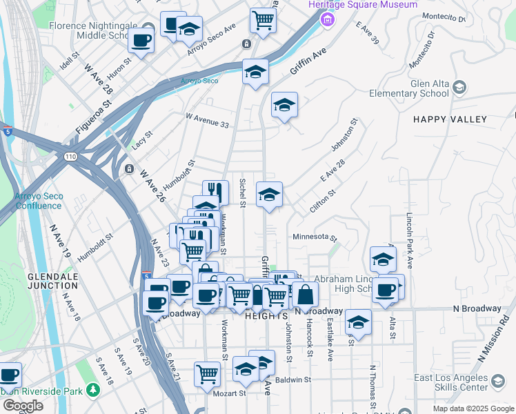 map of restaurants, bars, coffee shops, grocery stores, and more near 2654 1/2 Griffin Avenue in Los Angeles