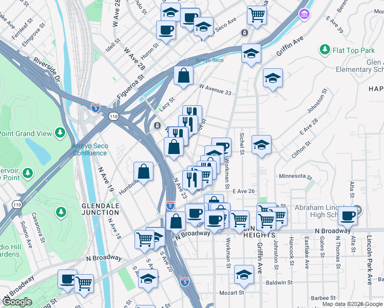 map of restaurants, bars, coffee shops, grocery stores, and more near 212 North Avenue 25 in Los Angeles