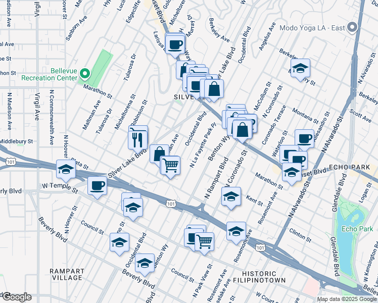 map of restaurants, bars, coffee shops, grocery stores, and more near 718 North La Fayette Park Place in Los Angeles