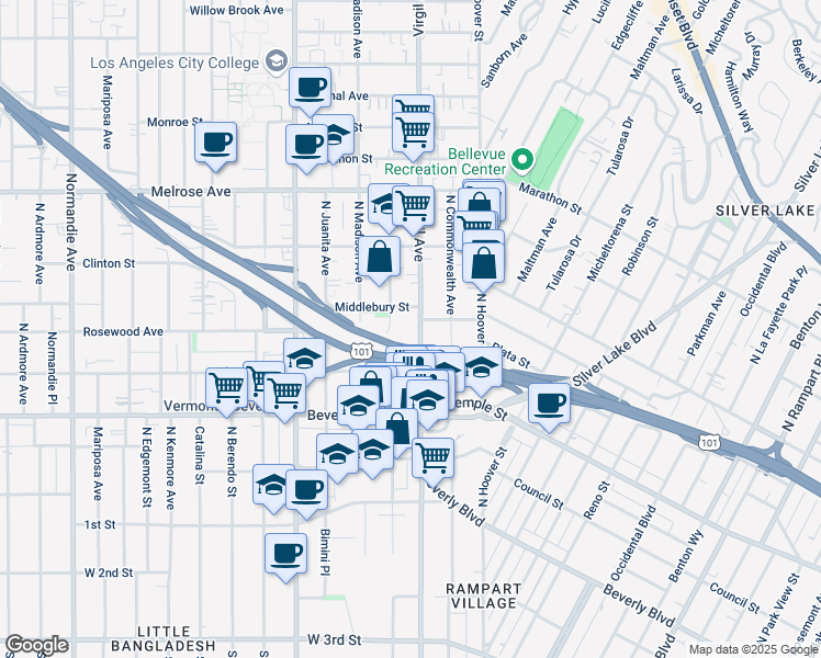 map of restaurants, bars, coffee shops, grocery stores, and more near 428 North Virgil Avenue in Los Angeles