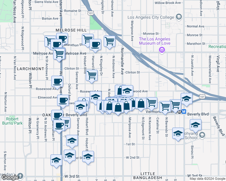 map of restaurants, bars, coffee shops, grocery stores, and more near 426 North Ardmore Avenue in Los Angeles