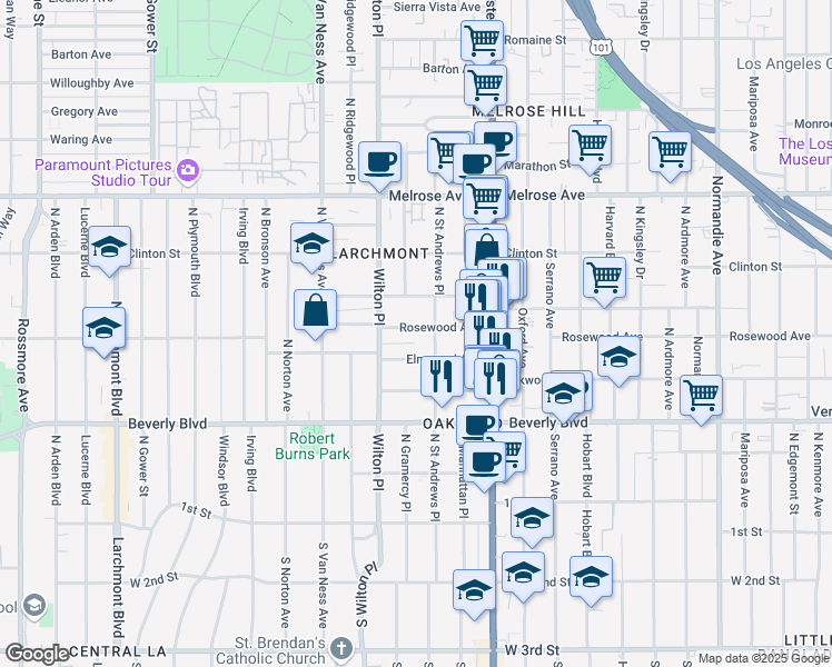 map of restaurants, bars, coffee shops, grocery stores, and more near 4833 Elmwood Avenue in Los Angeles
