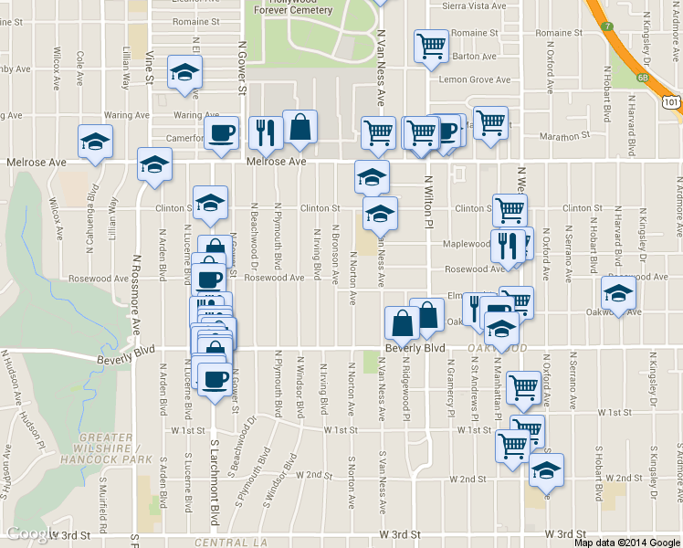 map of restaurants, bars, coffee shops, grocery stores, and more near 403 North Norton Avenue in Los Angeles