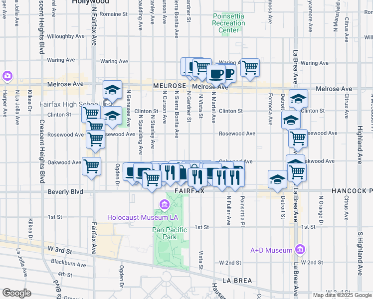 map of restaurants, bars, coffee shops, grocery stores, and more near 412 1/2 North Gardner Street in Los Angeles
