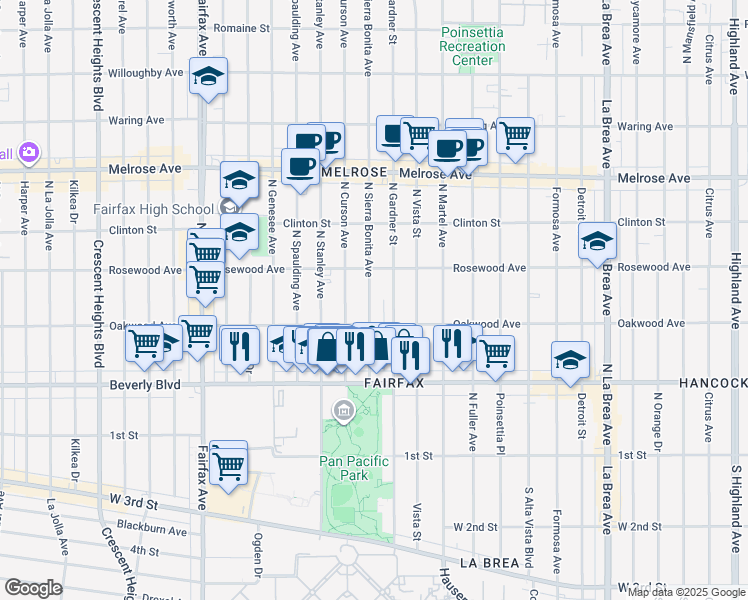 map of restaurants, bars, coffee shops, grocery stores, and more near 411 North Sierra Bonita Avenue in Los Angeles