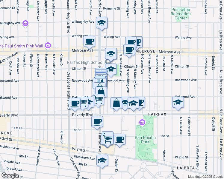 map of restaurants, bars, coffee shops, grocery stores, and more near 408 North Ogden Drive in Los Angeles