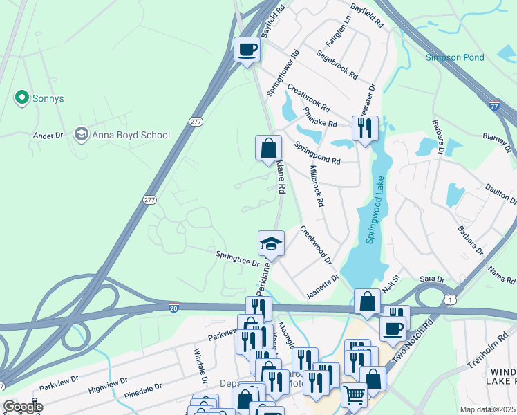 map of restaurants, bars, coffee shops, grocery stores, and more near 7499 Parklane Road in Columbia