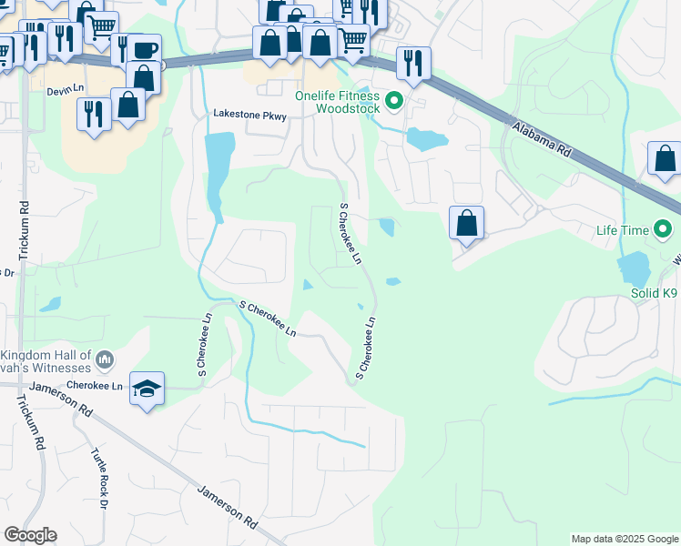 map of restaurants, bars, coffee shops, grocery stores, and more near 117 Villanueva Road in Woodstock