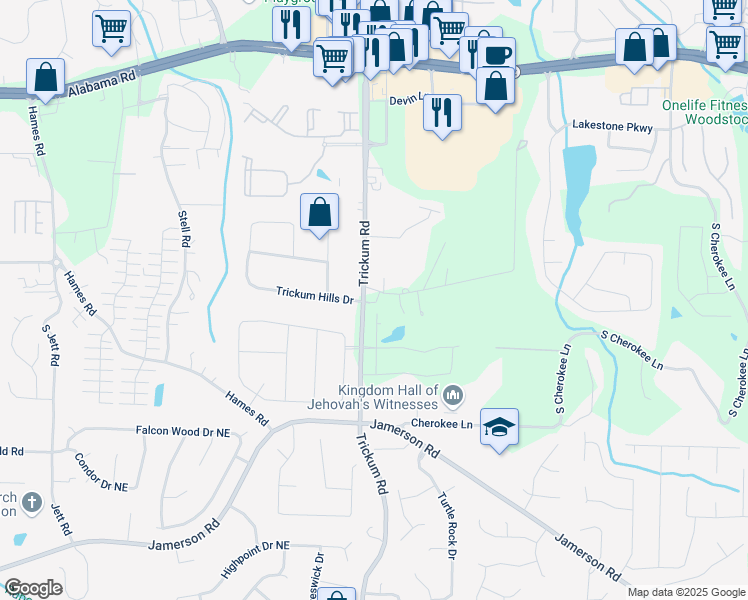 map of restaurants, bars, coffee shops, grocery stores, and more near 3415 Trickum Road in Woodstock