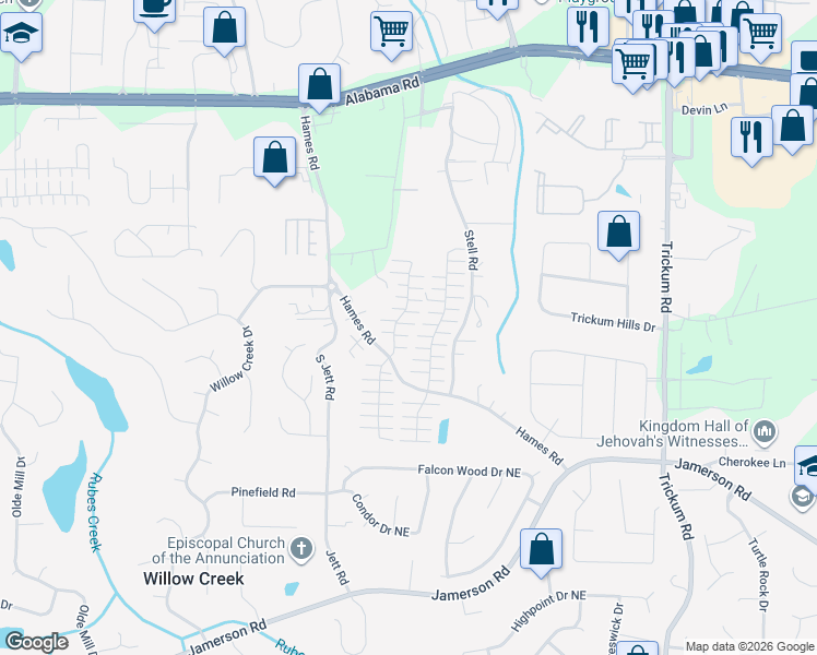 map of restaurants, bars, coffee shops, grocery stores, and more near 350 West Oaks Trail in Woodstock