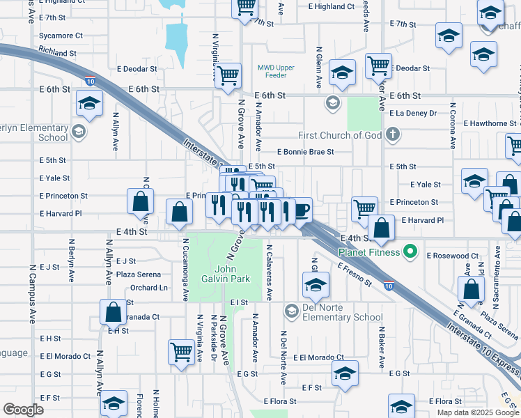 map of restaurants, bars, coffee shops, grocery stores, and more near 1341 East 4th Street in Ontario