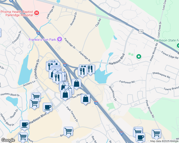 map of restaurants, bars, coffee shops, grocery stores, and more near 101 Woodcross Drive in Columbia