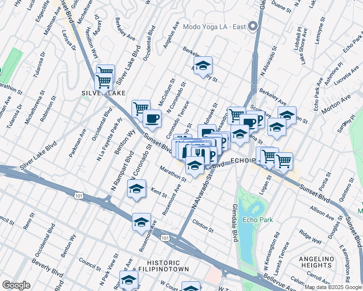 map of restaurants, bars, coffee shops, grocery stores, and more near 1118 Waterloo Street in Los Angeles