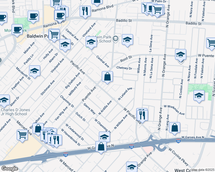 map of restaurants, bars, coffee shops, grocery stores, and more near 14941 Pacific Avenue in Baldwin Park