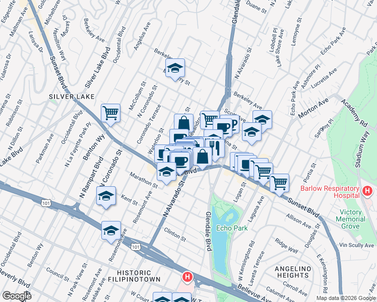map of restaurants, bars, coffee shops, grocery stores, and more near 1215 North Alvarado Street in Los Angeles