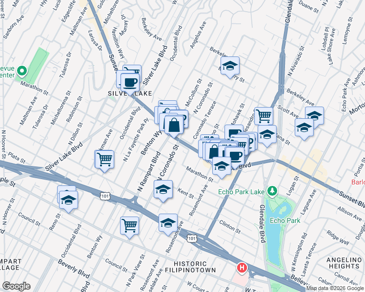 map of restaurants, bars, coffee shops, grocery stores, and more near West Sunset Boulevard in Los Angeles