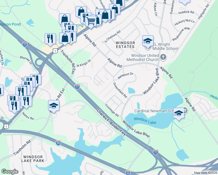 map of restaurants, bars, coffee shops, grocery stores, and more near 109 Baynard Court in Columbia