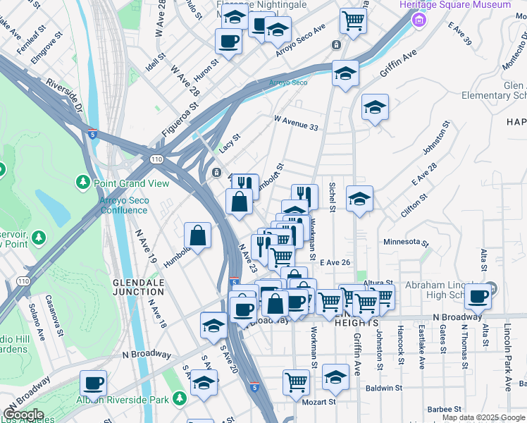 map of restaurants, bars, coffee shops, grocery stores, and more near 212 North Avenue 25 in Los Angeles