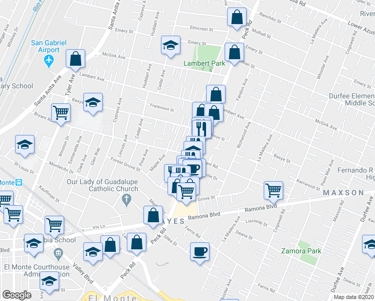 map of restaurants, bars, coffee shops, grocery stores, and more near 4104 Elrovia Avenue in El Monte