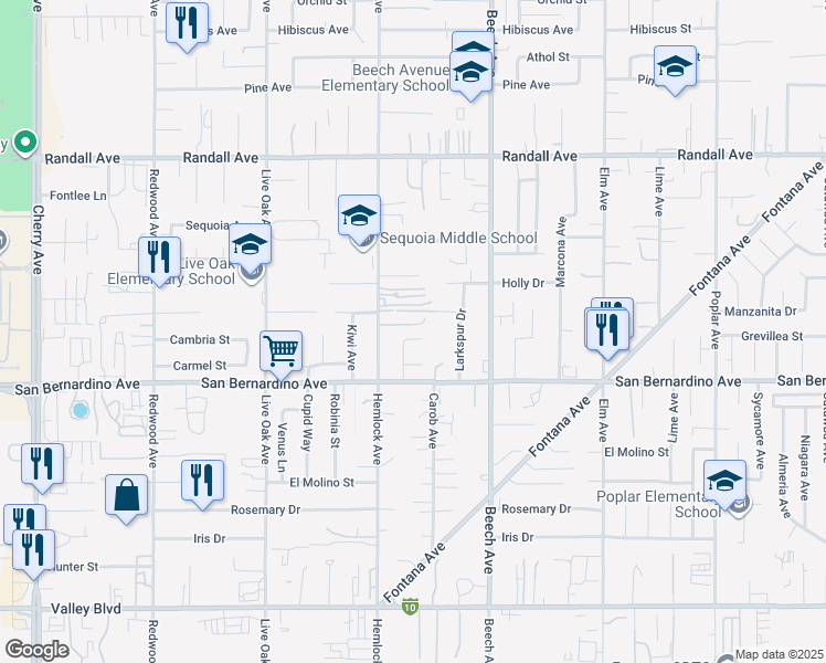 map of restaurants, bars, coffee shops, grocery stores, and more near 15162 Cambria Street in Fontana