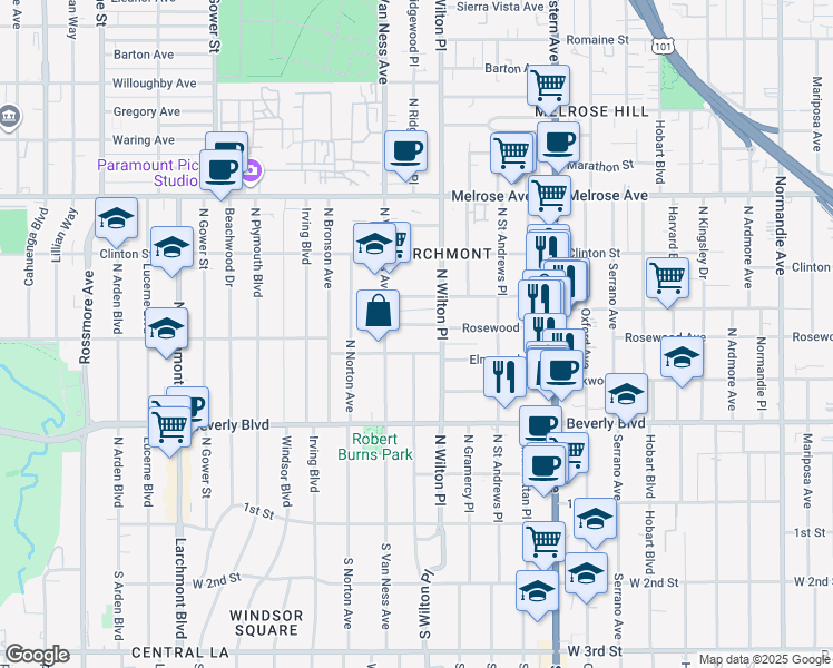 map of restaurants, bars, coffee shops, grocery stores, and more near 385 North Wilton Place in Los Angeles