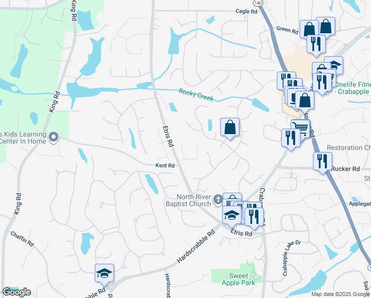 map of restaurants, bars, coffee shops, grocery stores, and more near 330 Cavin Drive in Roswell