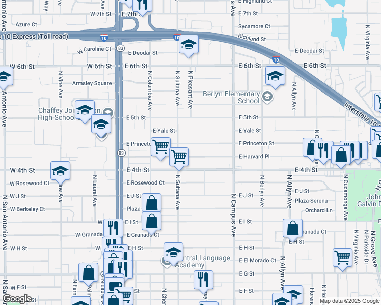 map of restaurants, bars, coffee shops, grocery stores, and more near 529 East Harvard Place in Ontario