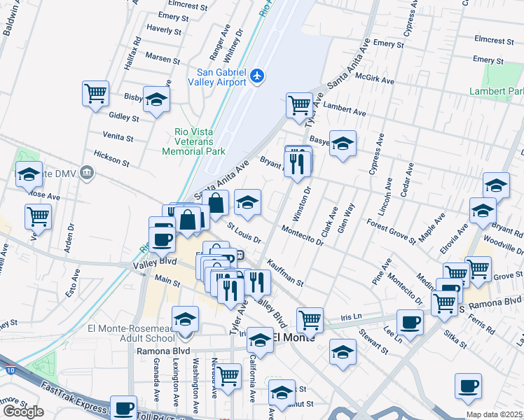 map of restaurants, bars, coffee shops, grocery stores, and more near 10917 Montecito Drive in El Monte