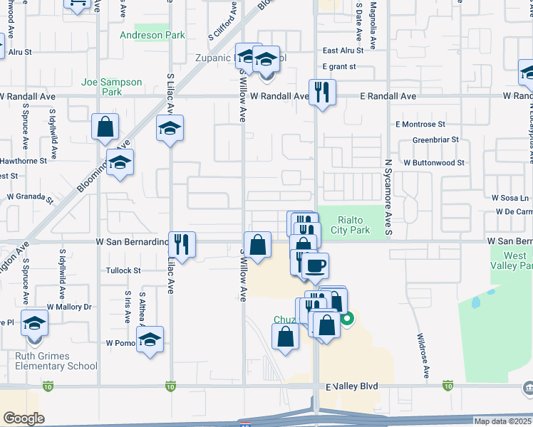 map of restaurants, bars, coffee shops, grocery stores, and more near 200 West San Bernardino Avenue in Rialto