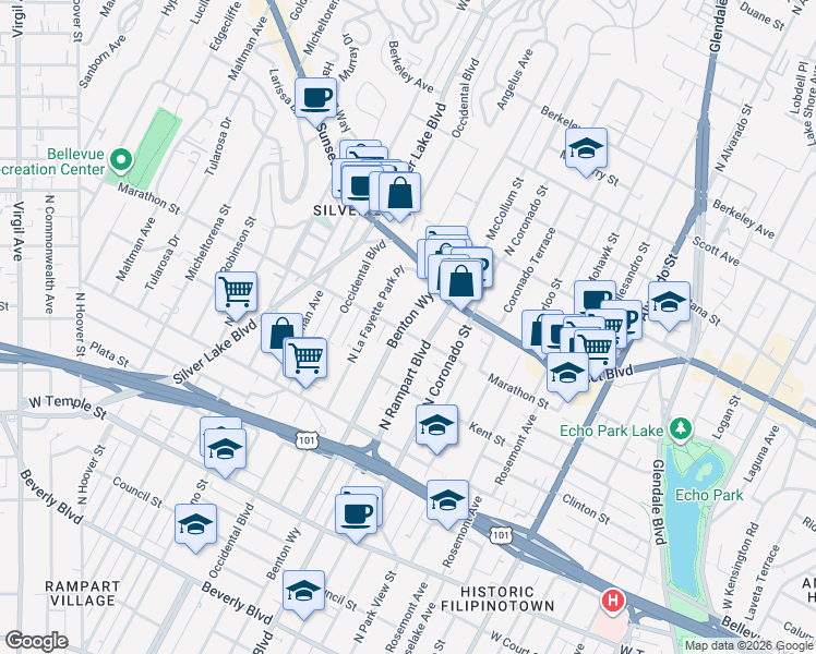 map of restaurants, bars, coffee shops, grocery stores, and more near 836 North Benton Way in Los Angeles