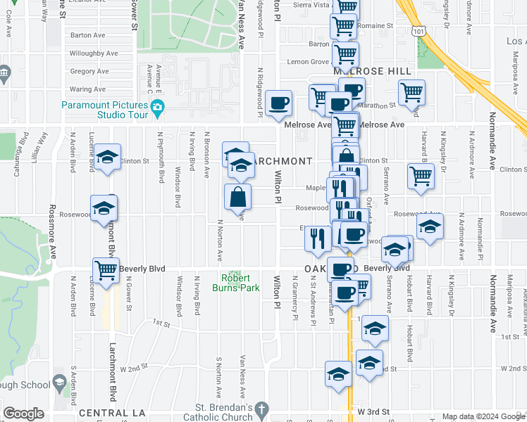 map of restaurants, bars, coffee shops, grocery stores, and more near 5026 Rosewood Avenue in Los Angeles